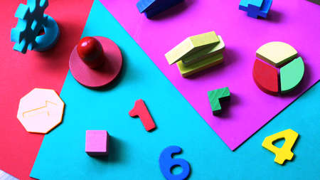 bright multicolored abstract play background with figures and numbers designed for kids designの写真素材