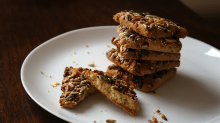 a stack of square cookies sprinkled with nuts and seeds, with one broken, on a large white plate on a dark wooden table, a homemade treat, or a sweet, healthy snack with vegan ingredientsの写真素材