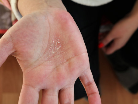 lesion of the skin on the female palm, dryness and peeling of the epidermis on the patient's hand, eczema on the skin of the hand, showing the palm with a violation of the skin