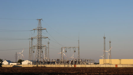 power plant with high voltage lines and wind generators in a field at a distance, a modern station...