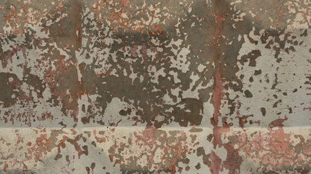 fragment of a concrete fence with a pattern of convex squares with flakes of peeling paint in...