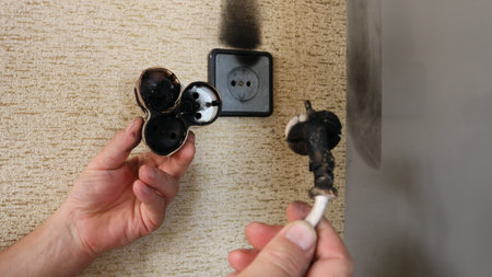 hands holding a burnt electrical plug and a scorched tee, victims of a flash and fire in a socket on...
