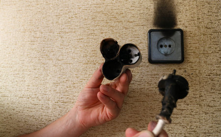 Male hands showing burnt wire with plug and tee against burnt socket on brown wallpapered wall,...