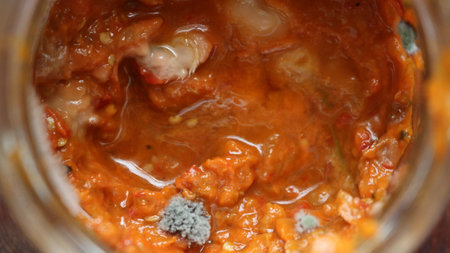 close up of moldy vegetable dish with gray mold growths, spoiled food from orange mush with mold...