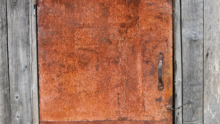 Rusty metal door with simple handle in the structure of a wooden building made of gray aged boards...