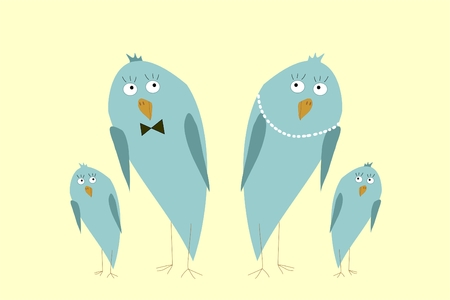 Four funny green kiwi birds with surprised eyes on light yellow background. Two adult and two kidsのイラスト素材