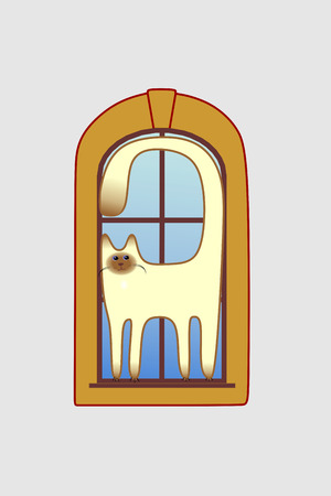 cute smiling Siamese cat walking on the windowsillのイラスト素材