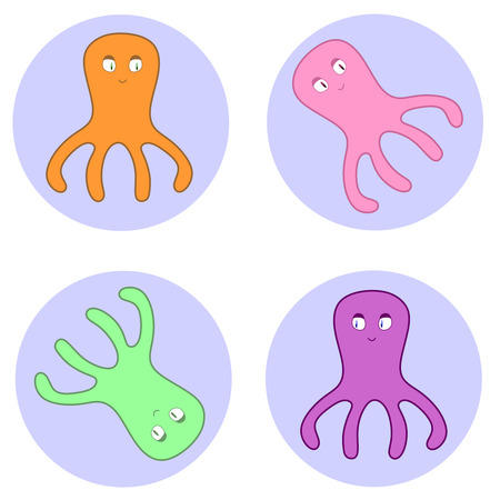 Simple seamless texture with blue circles and cute purple, orange, green and pink octopuses in itのイラスト素材