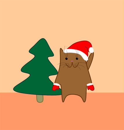 cute brown cat with pink nose in Santas red hat an red mittens on light orange background near the spruceのイラスト素材