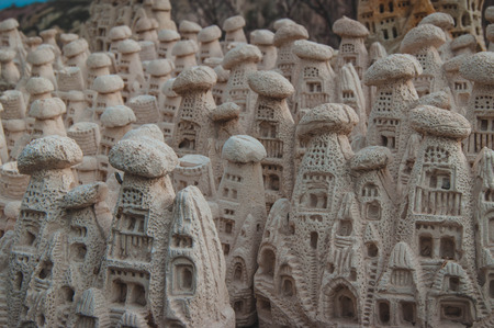 Many ceramic souvenirs ? sculptures of rock huts from Cappadocia close-upの写真素材