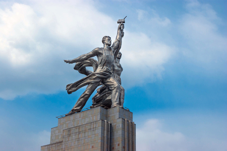 The monument "The Worker and the Kolkhoznica" at VDNH in Moscow, Russia with blue sky and cloudsのeditorial素材