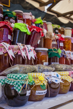 Jars with jam on the counter on sale in Turkey on the street market close-up shallow depth of fieldのeditorial素材
