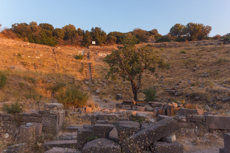 ruins of ancient amphitheatre in Erytrai, Ildiri, Cesme, Turkey sunset time viewのeditorial素材