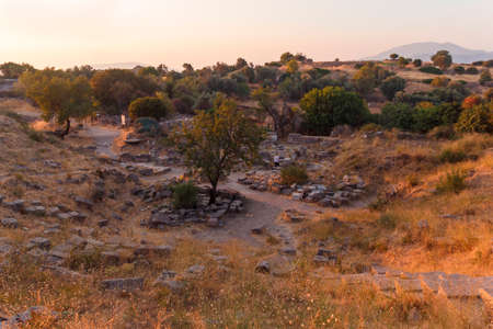 ruins of ancient amphitheatre in Erytrai, Ildiri, Cesme, Turkey sunset time viewのeditorial素材