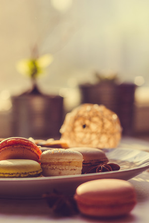 Colorful pasta macaroons on plate in sunlight close-up shallow depth of field toned imageの写真素材