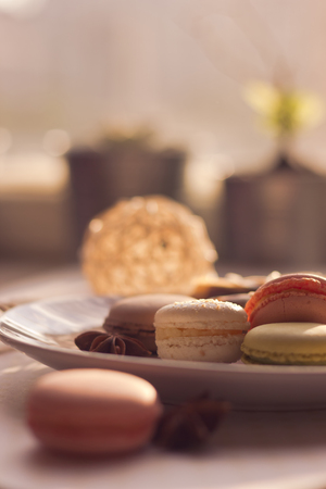 Colorful pasta macaroons on plate in sunlight close-up shallow depth of field toned imageの写真素材