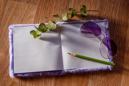 Flat lay toned image of purple fluffy notepad, purple sunglasses, twig and green pencil shallow...