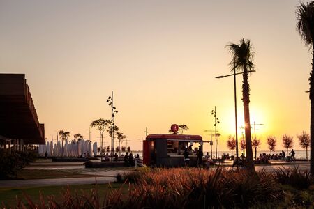 IZMIR, TURKEY, JULY 29, 2019: View of the Karantina square, coastline and white sculptures in fountain. Shot at sunsetのeditorial素材