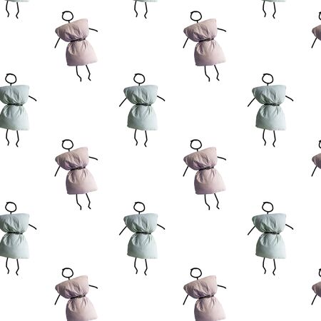 Seamless texture. Funny primitively drawn little person wearing pillow dress. It is pillow pulled by belt. Quarantine pillow challenge concept. Crazy quarantineの写真素材