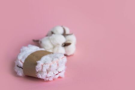 Reusable cotton discs set for face or makeup removal packaged in craft paper flat lay. Sprig of cotton on the back. Eco-friendly lifestyle, zero waste concept.の写真素材