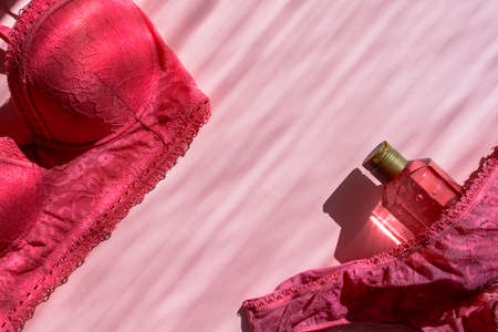 Lingerie set, bra and panties. There is body gel nearby. Pink flatlay top view with place for text. Picture with sunbeams. Taking care of yourself. Self-love. Fashionable modern girl stuffの写真素材