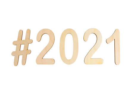 Plywood numbers hashtag 2021 isolated on white background. top view shallow depth of fieldの写真素材