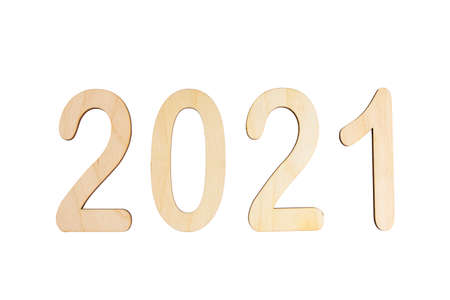 Plywood numbers 2021 isolated on white background. top view shallow depth of fieldの写真素材