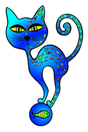 The blue abstract cat with ball and fishのイラスト素材