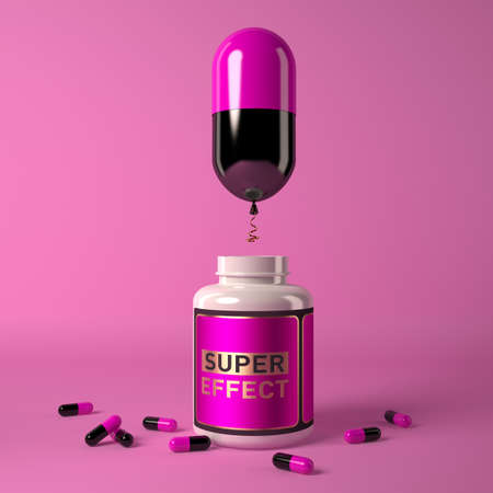 Pink and black ball in a capsule shape, flying out of a jar on a pink background. Creative concept on the subject of tablets with super effect. 3D rendering illustration.の写真素材