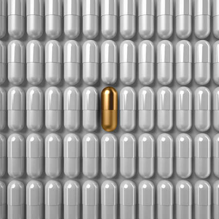 Creative background with lots of white capsules and a single gold one in the center. Ordinary medicine against special expensive pharmaceutical novelties. Tablets and supplements. 3D render.の写真素材