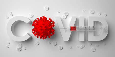 3D render COVID word with "O" like a red virus cell. Pharmacology development, vaccines invention and testing, global vaccination. Antiviral therapy, coronavirus treatment and prevention.の写真素材