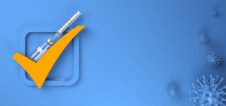 A check mark icon symbol, vaccine bottle and syringe on a blue background with virus cells. Global coronavirus vaccination: statistics and dynamics. Covid prevention successes and failures. 3D render.の写真素材