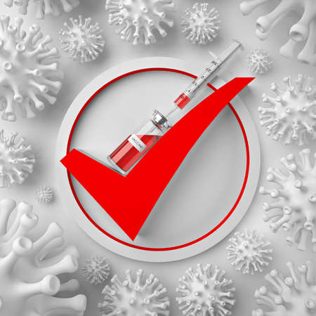 Red check mark icon symbol, vaccine bottle and syringe on virus cells background. Global coronavirus vaccination: statistics, improved dynamics. Covid prevention successes and failures. 3D render.の写真素材