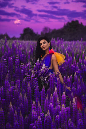 A brunette girl in a gradient haute couture dress in blue, pink and yellow colors standing among a blooming lupine field. A magical romantic night portrait.の写真素材