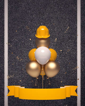 Air balloons and protective helmet on a gray asphalt background. 3D render template for the Builder's Day, Labor Day greeting card; the road building company anniversary or a new project start banner.の写真素材