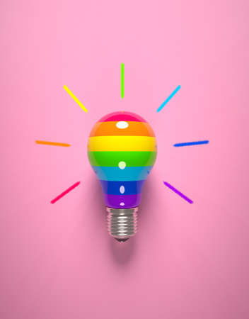 A rainbow-colored light bulb on a pink background. 3D render LGBT pride symbol illustration.の写真素材