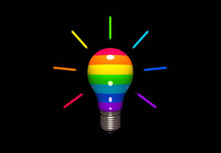 A rainbow-colored light bulb on a black background. 3D render creative illustration.の写真素材