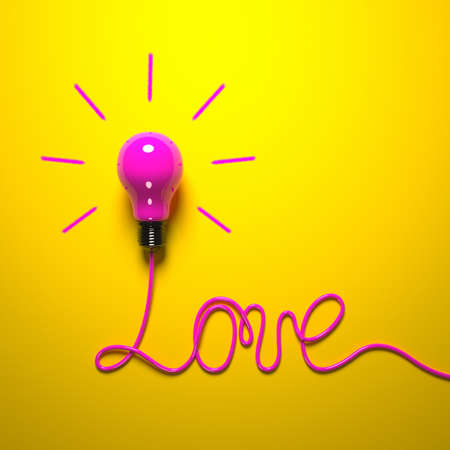 A pink light bulb and a wire laid out in the LOVE word on a bright yellow background. 3D render creative illustration.の写真素材
