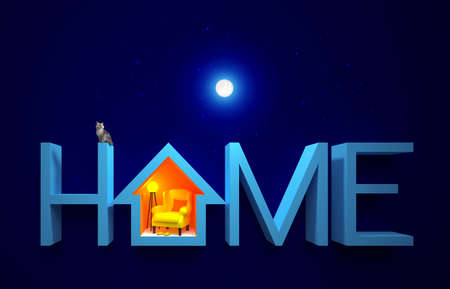 The HOME word, where the letter O is made in the shape of a cozy house with an abstract interior in warm colors, against the background of the night sky. 3d render illustration.の写真素材