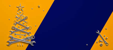A symbolic Christmas tree made of wrenches, bolts and nuts on a steel background. Creative template of a New Year greeting for construction and engineering companies. 3D render.の写真素材