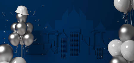 Air balloons with a protective helmet on a dark blue urban silhouette background. 3D render greeting card or banner template for the Builder's Day, Labor Day or a real estate company anniversary.の写真素材