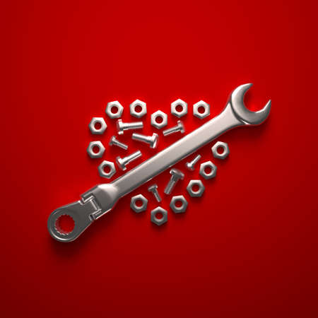 A wrench, screws and bolts laid out in a heart-shaped composition on a red background. 3D render illustration.の写真素材