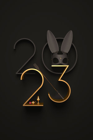 Creative 2023 New Year design template with BDSM elements: a rabbit mask, a leather whip, anal plugs and a collar with spikes.の写真素材