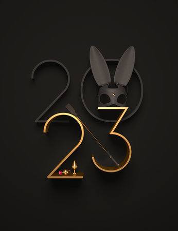 Creative 2023 New Year design template with BDSM elements: a rabbit mask, a leather whip, anal plugs and a collar with spikes.の写真素材