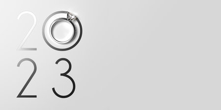 Elegant 2023 New Year design template with luxury diamond engagement ring on a white background.の写真素材