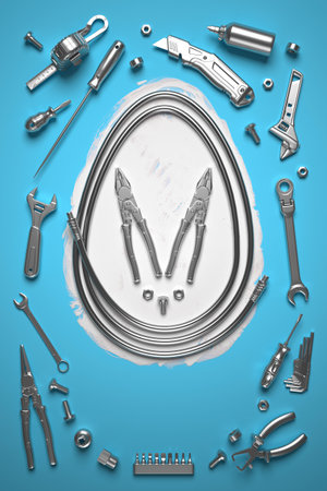 A creative Easter design template with an abstract set of construction tools. 3D render illustration.の写真素材