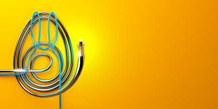 Creative Easter design template with an egg shaped fiber optic cable and a bunny shaped wire. 3D render illustration.の写真素材