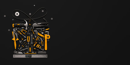 A symbolic gift box made of construction tools. New Year and Christmas greeting illustration. 3D render.の写真素材