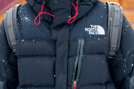Moscow, Russia - March 01, 2022:Black jacket from the company "The North Face" with a close-up logo, in winter. Clothing collection "Summit Series". Man, man wearing The North Face jacket.のeditorial素材