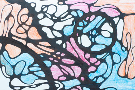 Hand drawn neurographic drawing. Neurographics is a psychological method of changing the subconscious. Bright picture drawn with black marker and colored pencils. neuroart. Neuro modern. abstract brainの写真素材
